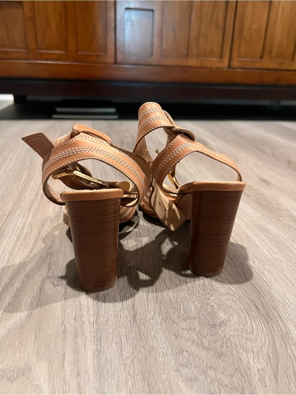 Veronica Beard Tan Leather Ankle-Strap Block Heels